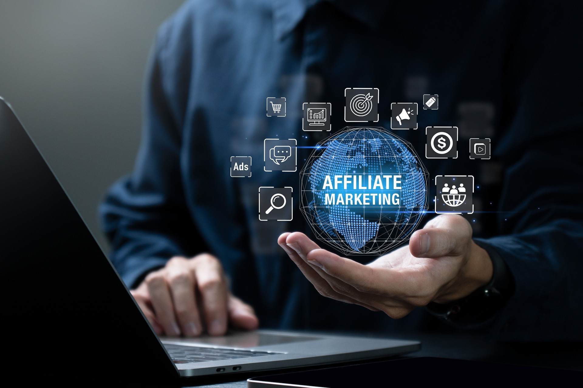 Affiliate marketing concept. Businessman Influencer holding globe with affiliate marketing icons. Digital Marketing. Marketing strategies to advertise products and services. New business.