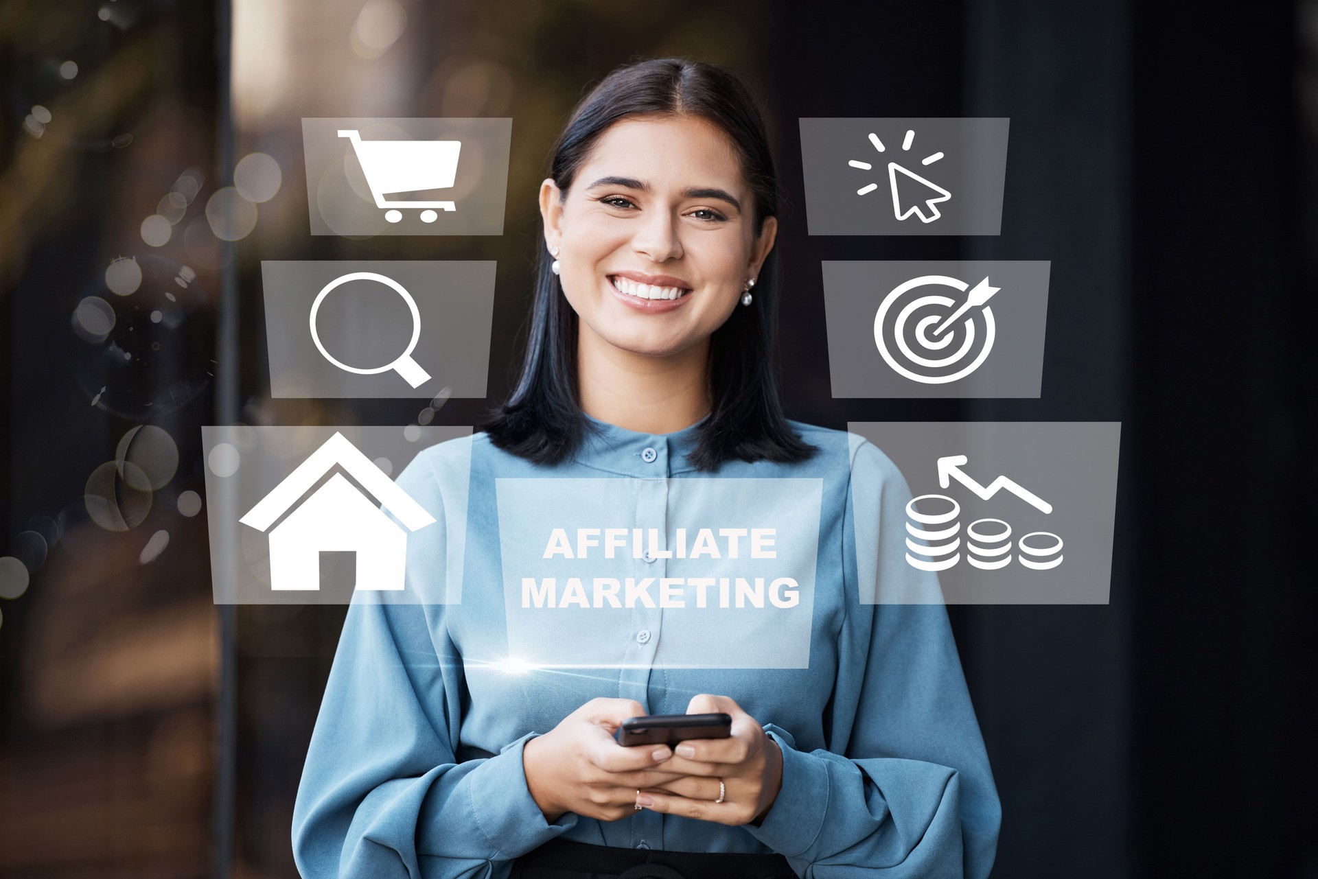 Icon, business and phone with affiliate marketing icons for social media, products promotion and networking. Overlay, woman and mobile with ecommerce, online research and investment growth for system