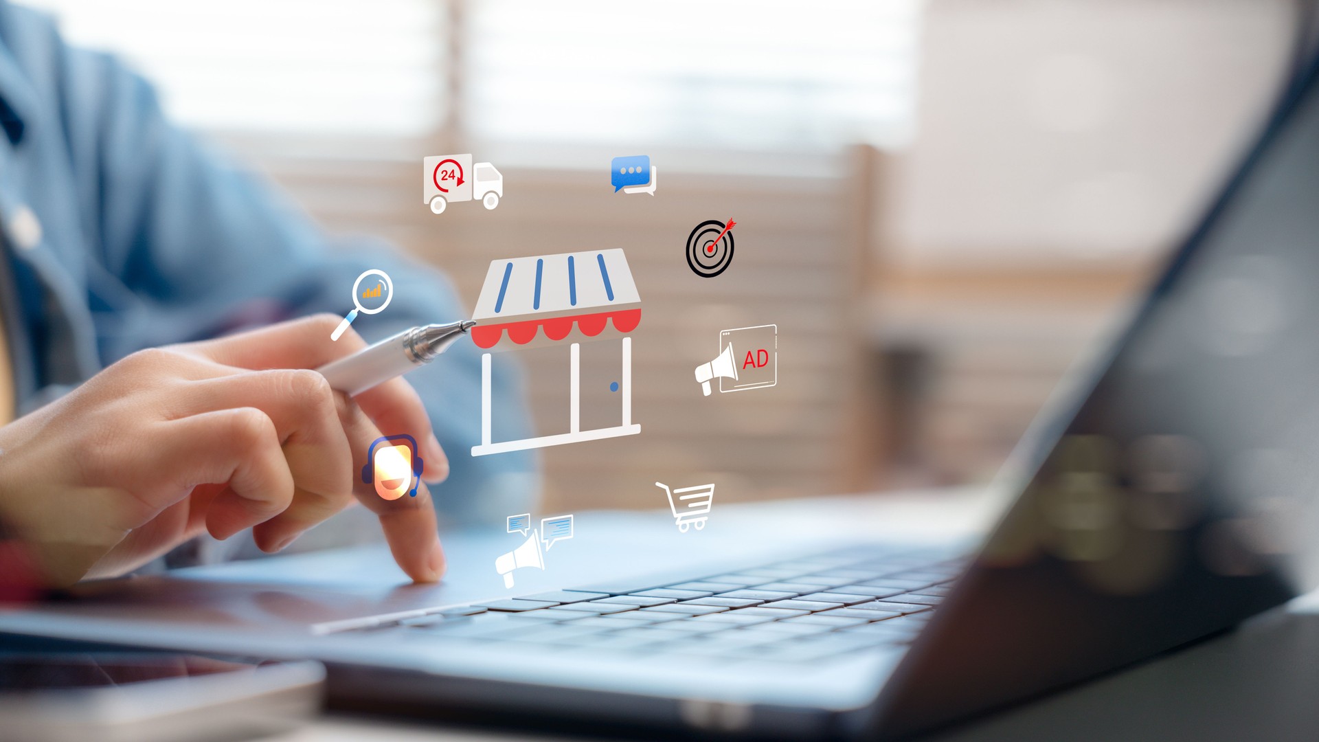 User using laptop with affiliate marketing and referral program icons, representing digital commerce, advertising strategies, online shopping, and e-commerce business promotion tools.